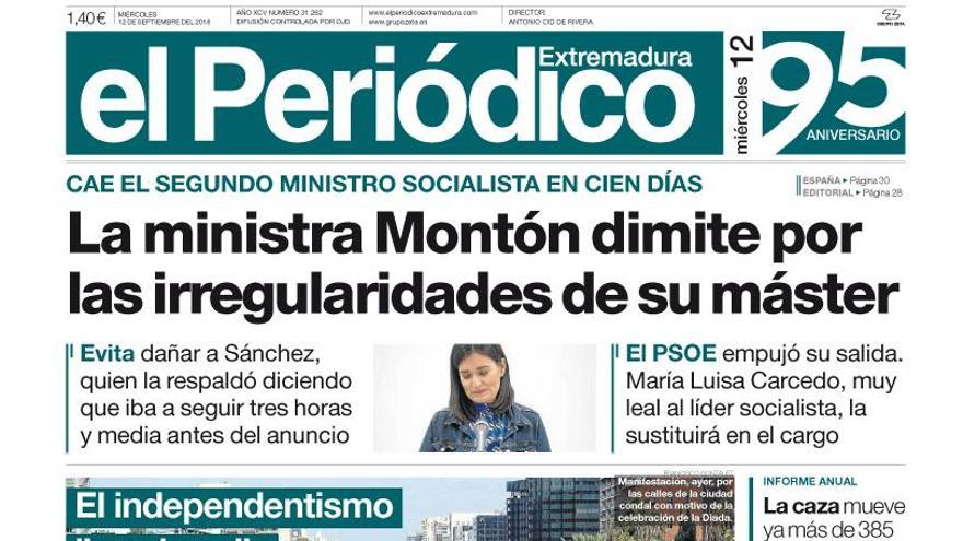 Esta es la portada de EL PERIÓDICO EXTREMADURA correspondiente al día 12 de septiembre del 2018