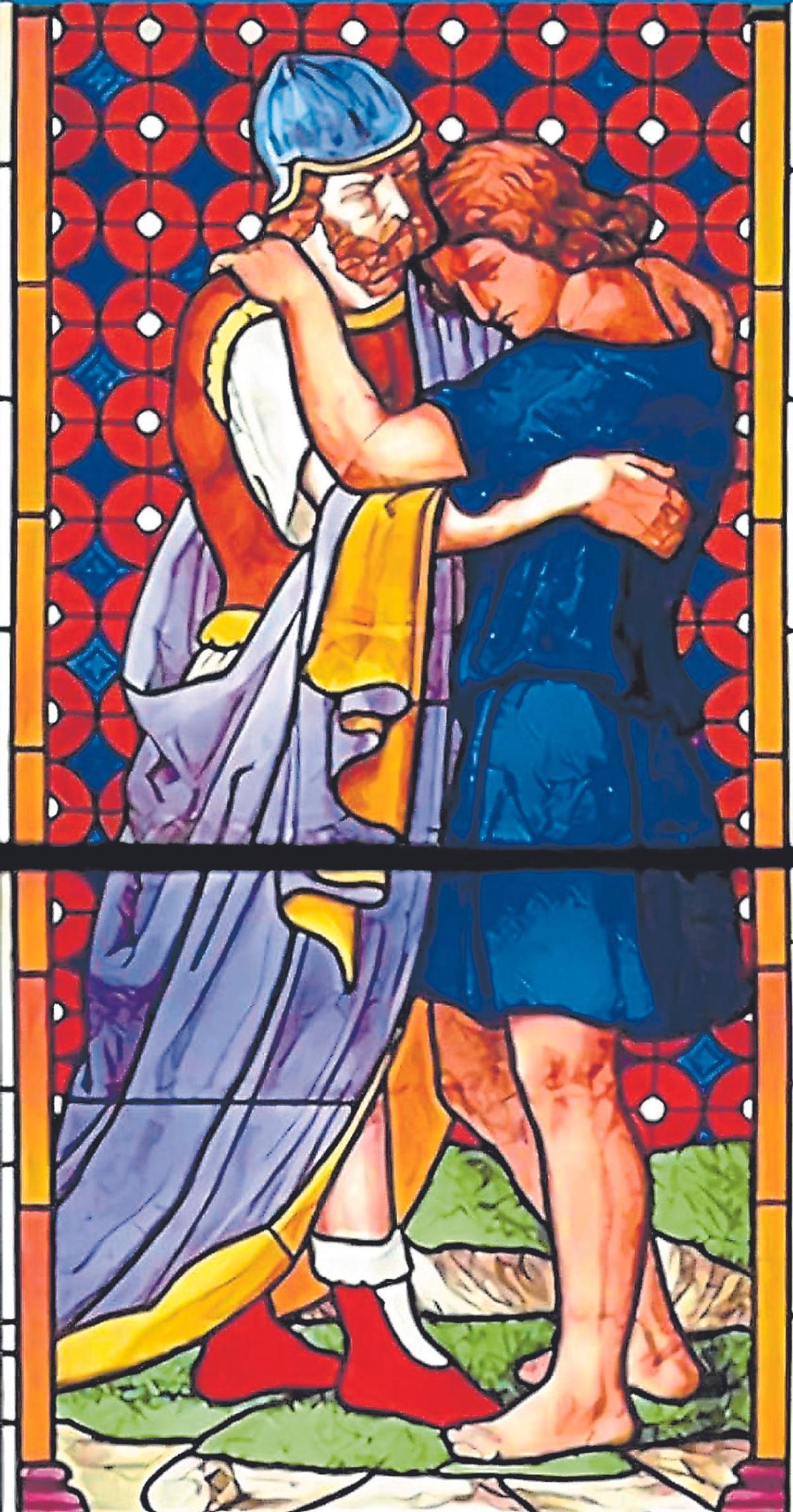 Representación del afecto entre los personajes bíblicos de David y Jonatán que ocupa una vidiriera de la catedral de Colonia, en Alemania.