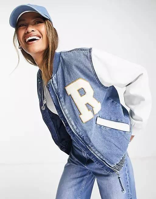 Chaqueta bomber vaquera azul de estilo universitario de Only