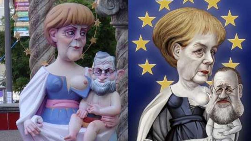 Ninot de Merkel con Rajoy de la hoguera Hernán Cortes y, a la derecha, caricatura de Kike Payá.