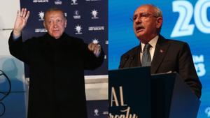 El presidente de Turquía y candidato a la reelección, Recep Tayyip Erdogan (i), y su oponente en la segunda vuelta de las elecciones presidenciales del 28 de mayo, Kemal Kilicdaroglu (d).