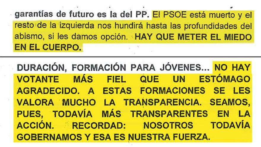 Recortes del análisis electoral del PP en que se insta a &quot;meter el miedo en el cuerpo&quot; a los votantes.