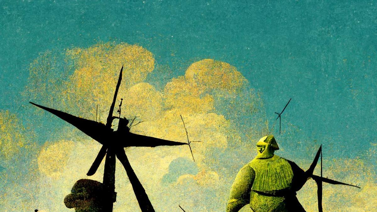 Shrek, Don Quijote y Sancho Panza en un cuadro imaginado por la inteligencia artificial Midjourney