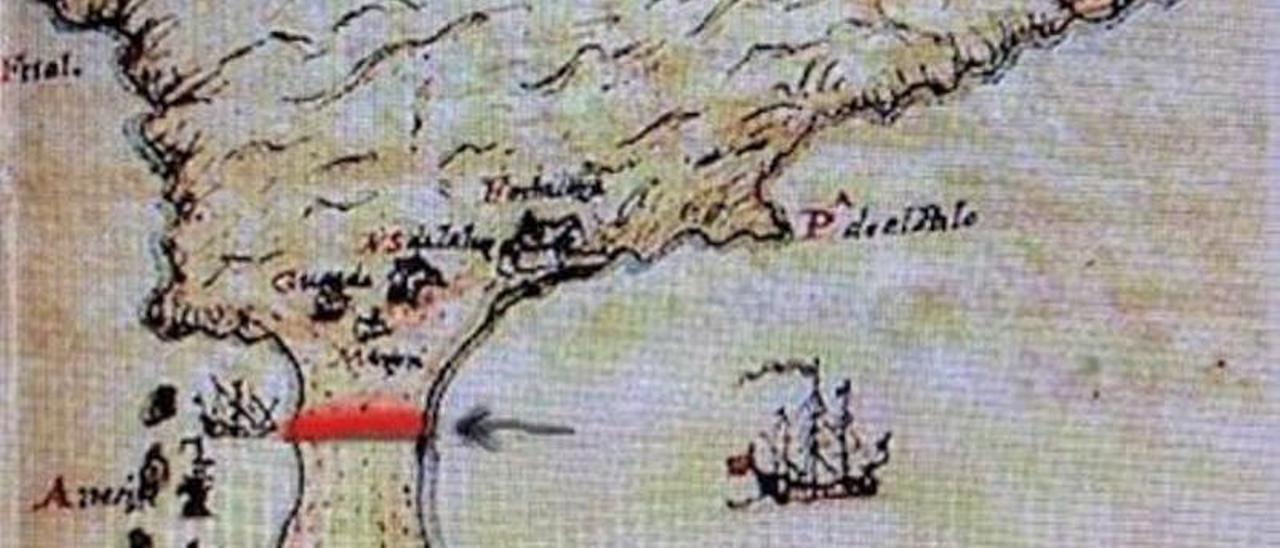 Mapa de 1686 que recoge la posible traza del canal que se proponía.