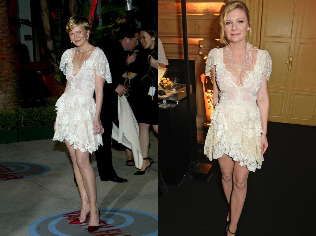 Con trece años de diferencia Kirsten Dunst volvió a lucir el mismo vestido de encaja blanco de Christian Lacroix.