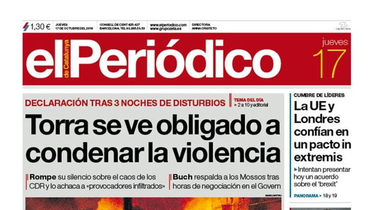 La portada de EL PERIÓDICO del 17 de octubre del 2019