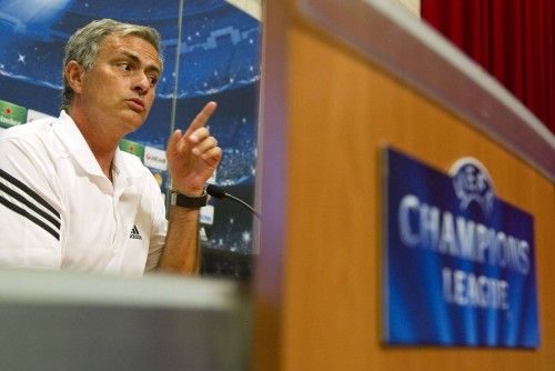 Real Madrid's coach Mourinho speaks during a news conference at the Amsterdam Arena stadium