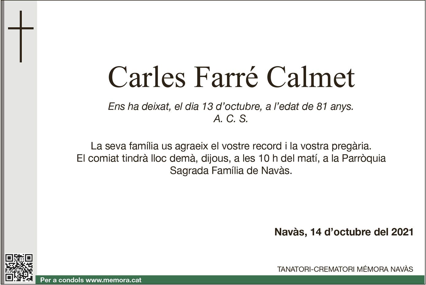 Esquela Carles Farré Calmet