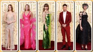 De izquierda a derecha, Emma Stone, Margot Robbie, Taylor Swift, Barry Keoghan y Rosamund Pike, en los Globos de Oro.