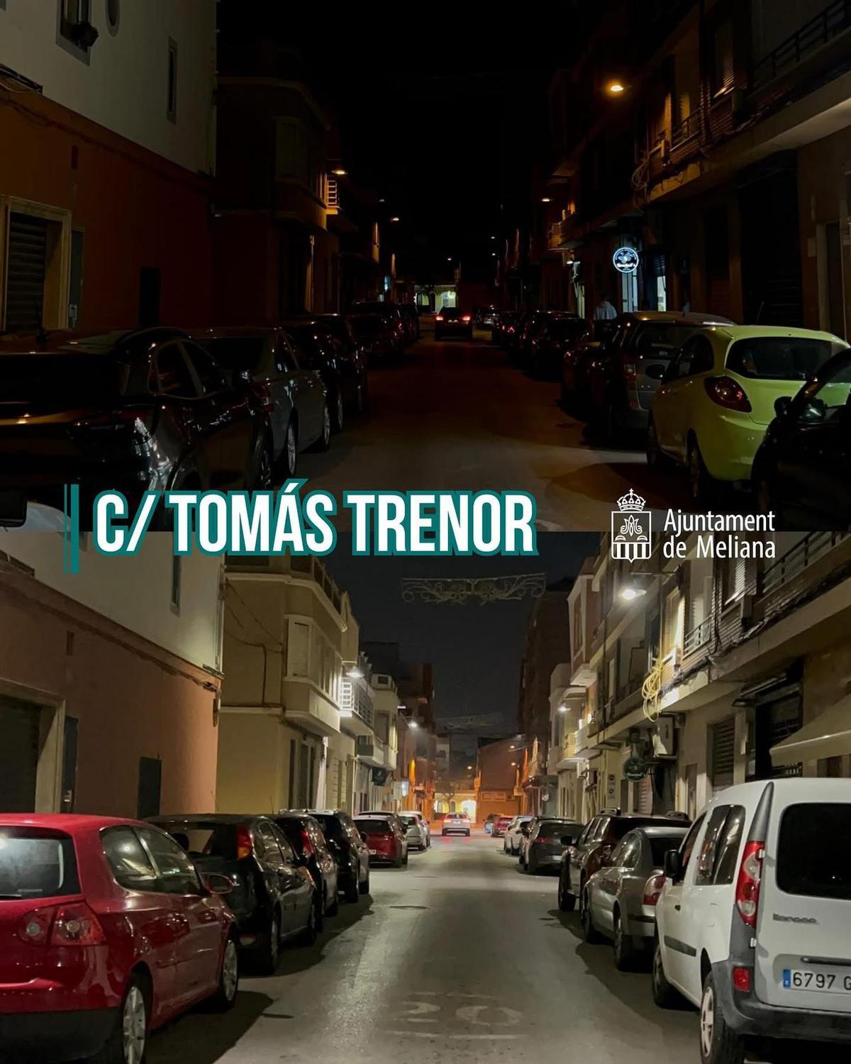 Imagen de la calle Tomás Trenos con luz amarila y con blanca.