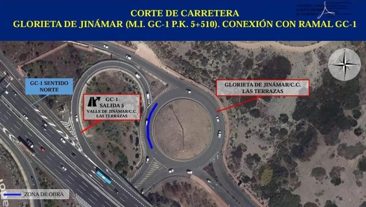 Plano de los cortes y desvíos en la GC 1 por la reparación de la glorieta de Jinámar
