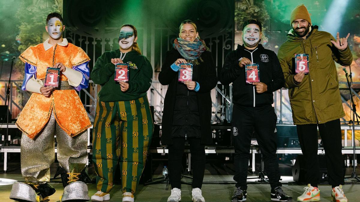 Los cinco representantes de las murgas que protagonizarán la final de murgas del Norte el sábado.