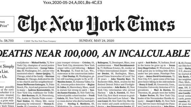 Portada del diari novaiorquès 'The New York Times' d'aquest diumenge 24 de maig del 2020