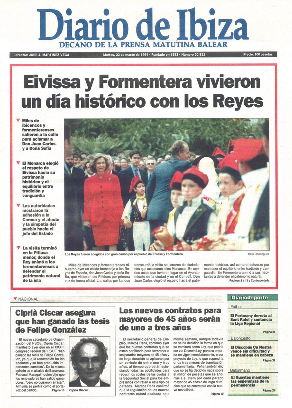22 de marzo de 1994. Visita oficial de lso Reyes a las PItiusas. La población pitiusa tributa una calurosa acogida a don Juan Carlos y doña Sofía en su visita oficial a Eivissa y Formentera.
