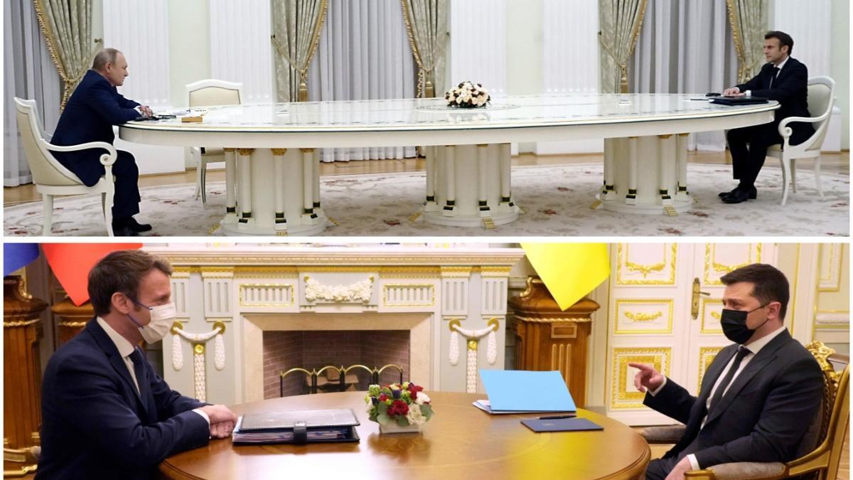Macron en mesas de reunión con Putin y Zelensky