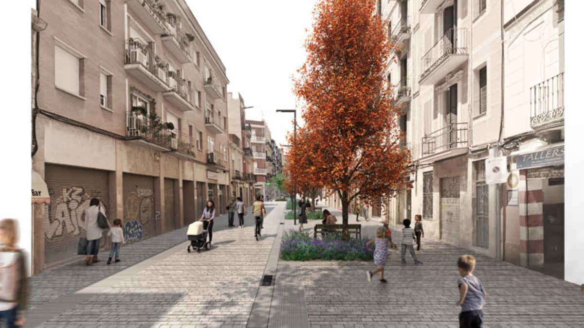 Recreación del futuro eje verde de la calle Muntanya en Barcelona