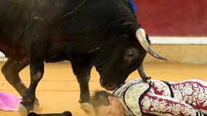 Cogida del banderillero Mariano de la Viña durante la faena de Enrique Ponce a su segundo toro.