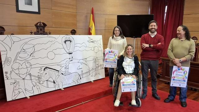 El alcalde, la concejala de Servizos Sociais, la presidenta de Galiciame y el artista Pazos, con el mural a pintar. |  FdV