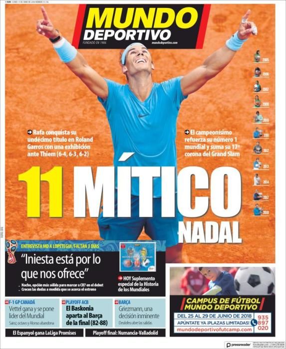 Portada MUNDO DEPORTIVO lunes 11 de junio de 2018