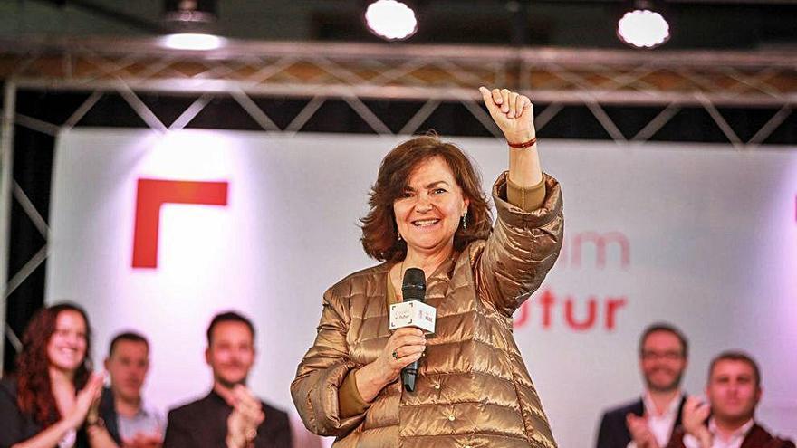 La vicepresidenta Carmen Calvo el pasado sábado en un acto del PSIB en Inca, donde afirmó que el REB estaría &quot;muy pronto&quot;.