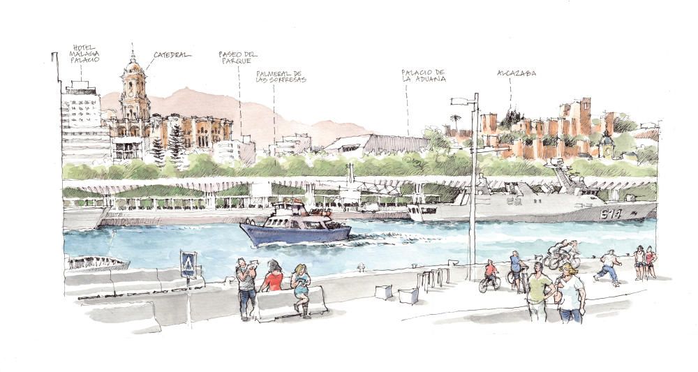 El Palmeral. En este dibujo, el arquitecto y miembro de los Urban Sketchers detalla los principales monumentos y obstáculos visuales que pueden apreciarse desde el Muelle Uno.