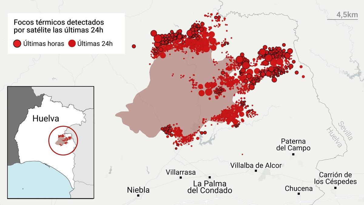 El incendio de Niebla entra por primera vez en la provincia de Sevilla: el fuego irrumpe en el término municipal de El Madroño