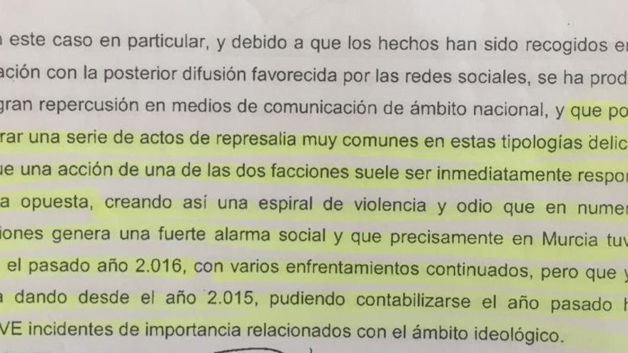 Párrafo del informe policial enviado a la juez en el que se alerta de las posibles represalias.