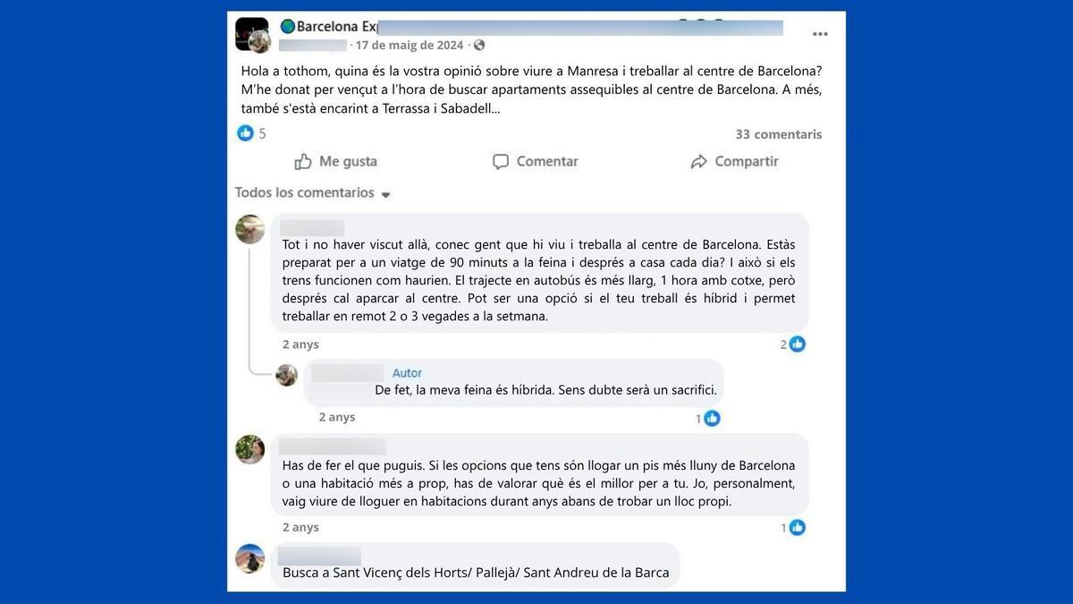 L'inici de la conversa al grup obert de Facebook (els missatges han estat traduïts al català)
