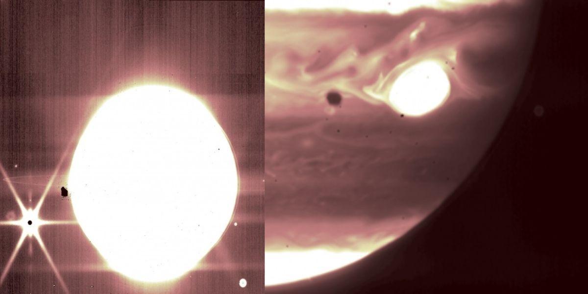 Júpiter con sus lunas y anillos (izquierda) y sombra de Europa junto a la Gran Mancha Roja (derecha) usando el filtro de 3,23 micras de NIRCam.