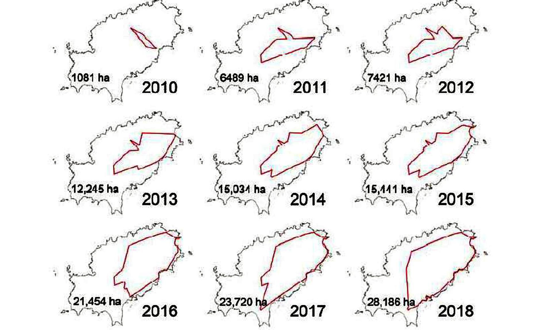 Área de distribución de la serpiente de herradura en Ibiza entre los años 2010 y 2018, incluido en el estudio.