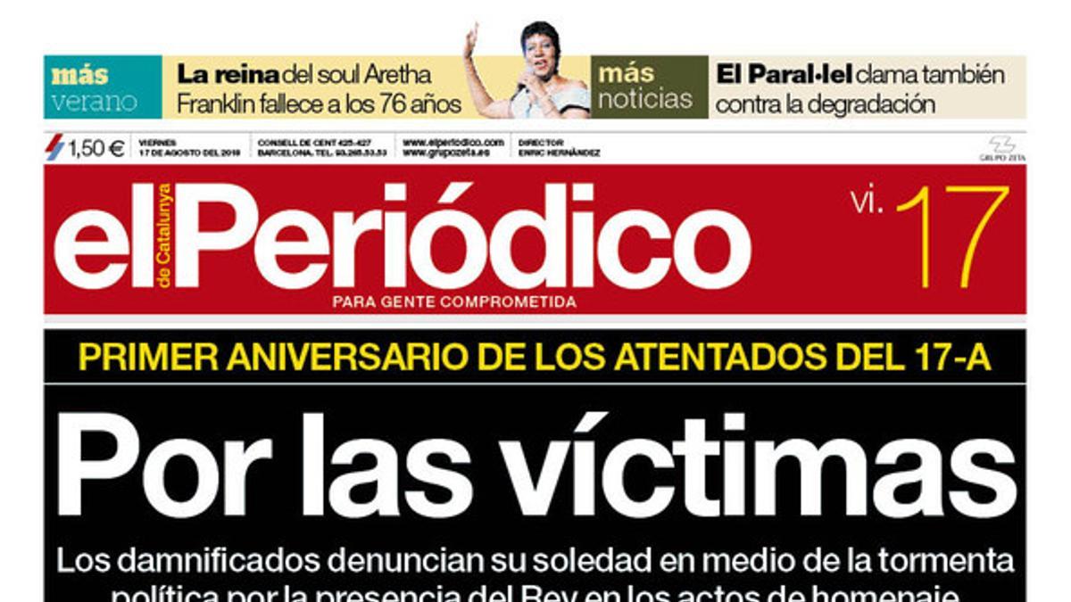 La portada de EL PERIÓDICO DE CATALUNYA del viernes, 17 de agosto del 2018