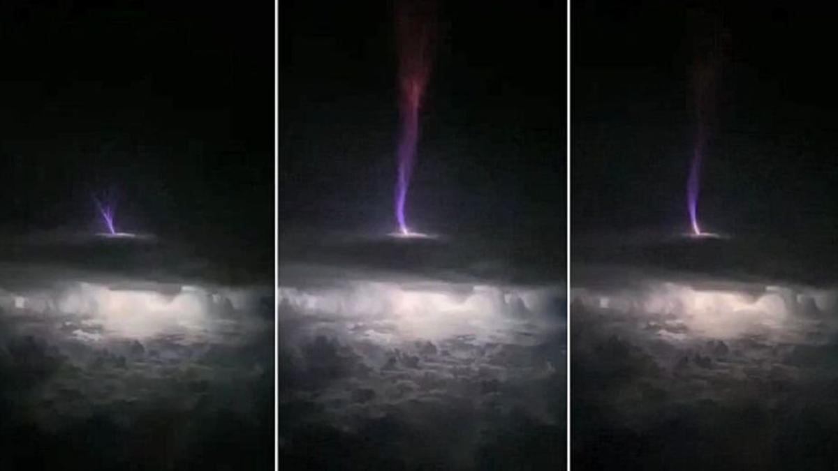 Una serie de imágenes muestra la forma de un rayo invertido sobre una tormenta en Oklahoma, en 2018.