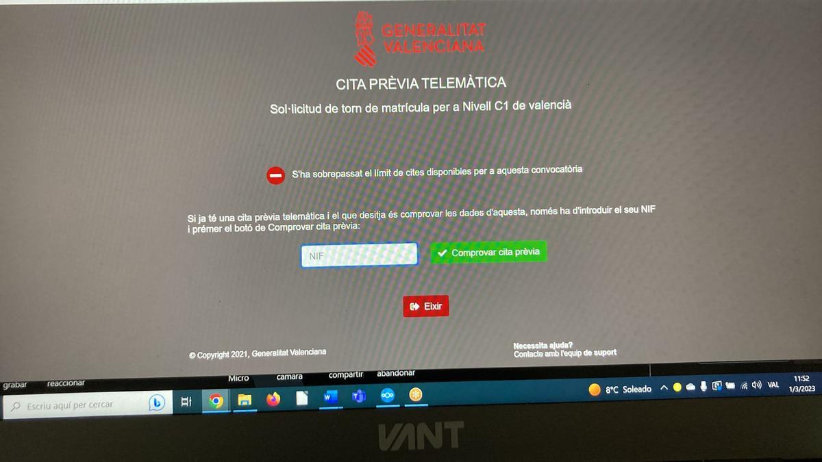 Imatge del web per a sol·licitar cita prèvia per a les proves aquest matí