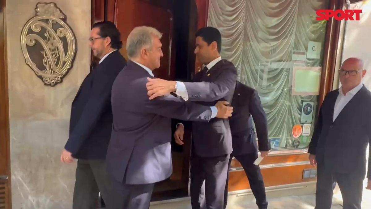 Joan Laporta y Nasser Al Khelaifi llegan a la comida de directivas antes del partido de Champions entre el FC Barcelona y el PSG