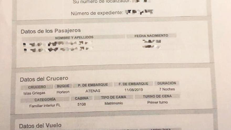 El comprobante de reserva del crucero que envió la agencia a los afectados