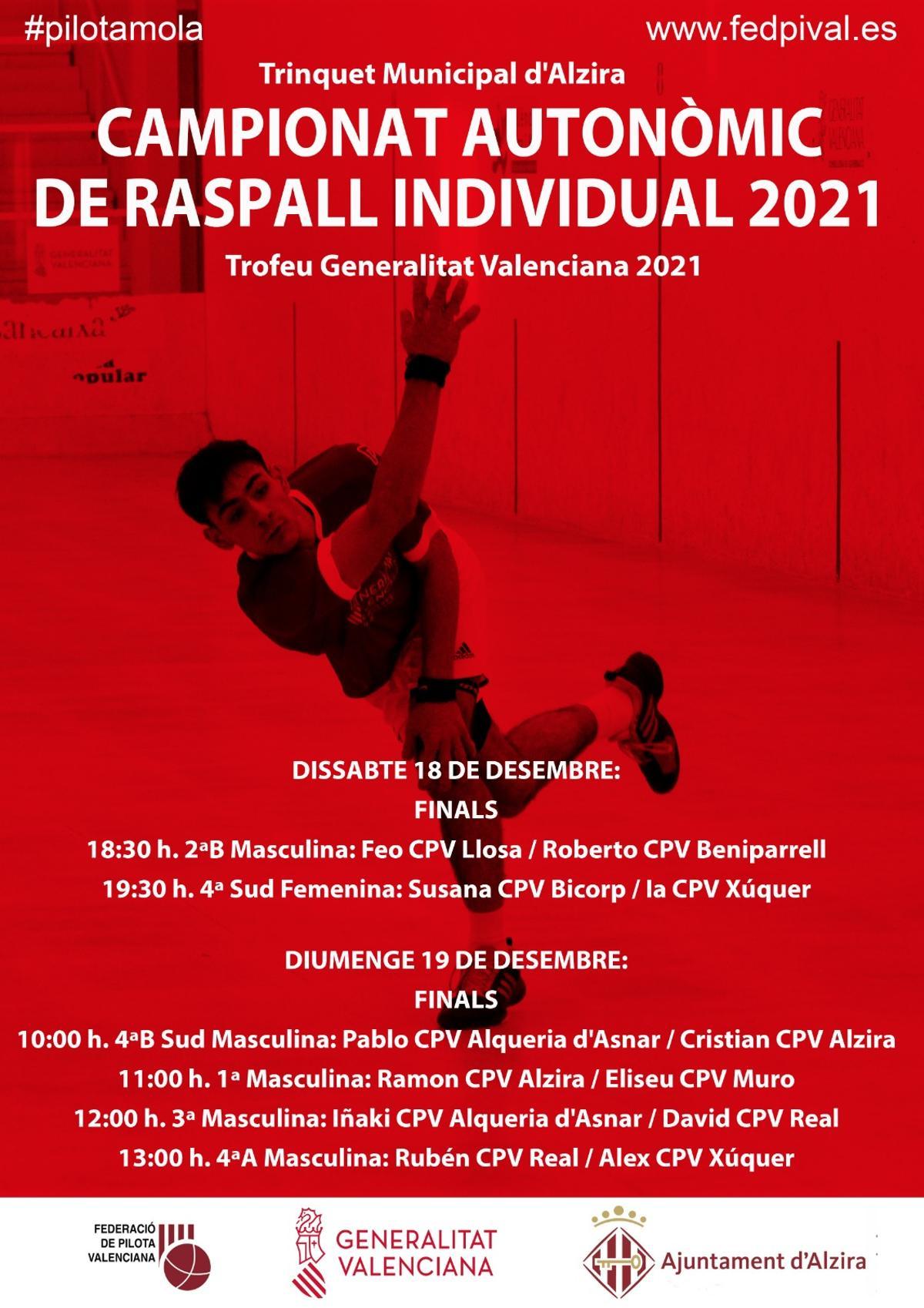 Les finals a la seu d’Alzira començaran el dissabte a les 18:30h entre Feo CPV Llosa i Roberto CPV Beniparrell.