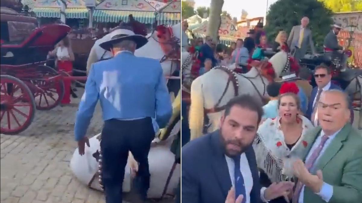 Dos fragmentos del video que se viraliza en las redes sociales por la patada de un hombre a un caballo.