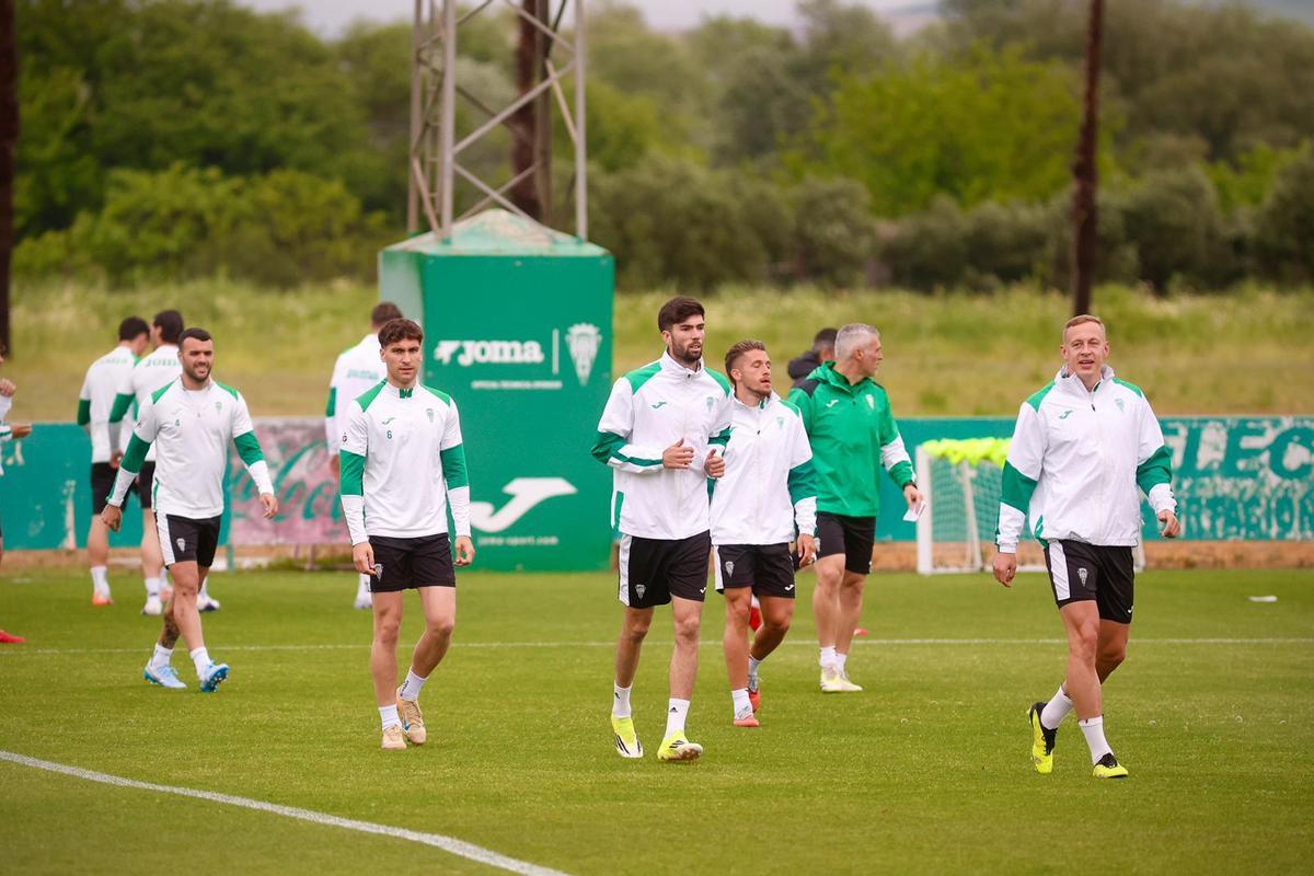 Un grupo de jugadores del Córdoba CF, durante un lance de una sesión de esta semana en la Ciudad Deportiva.