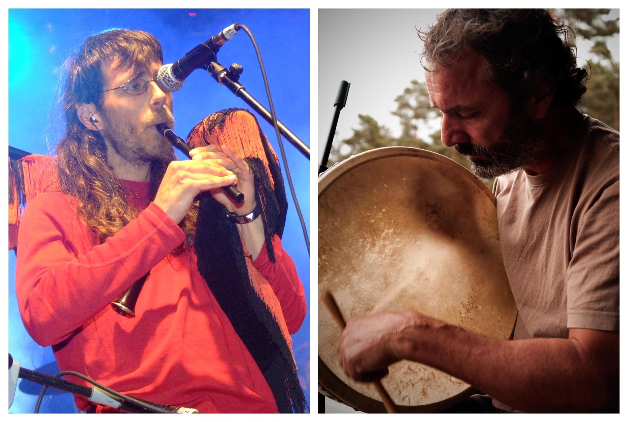 Dani, tocando una gaita, y Valentín, uno de los fundadores del grupo y letrista de &#039;Vivimos en Castellón&#039;, interpretando un bodhran.