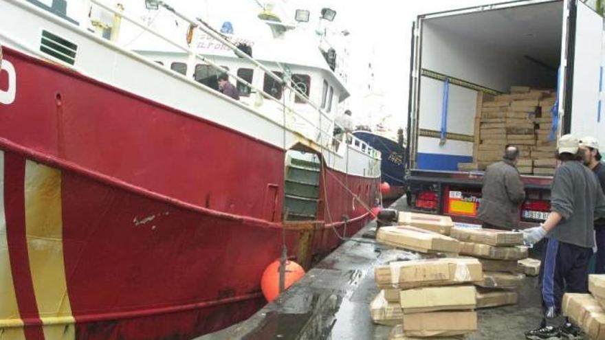 Carga de pescado congelado listo para exportar en el puerto de A Coruña. / irene molina