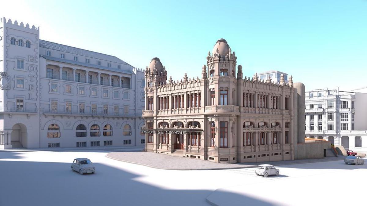 Imagen en 3D del derrumbado edifico Castromil, ubicado en la actual Praza de Galicia de Santiago.