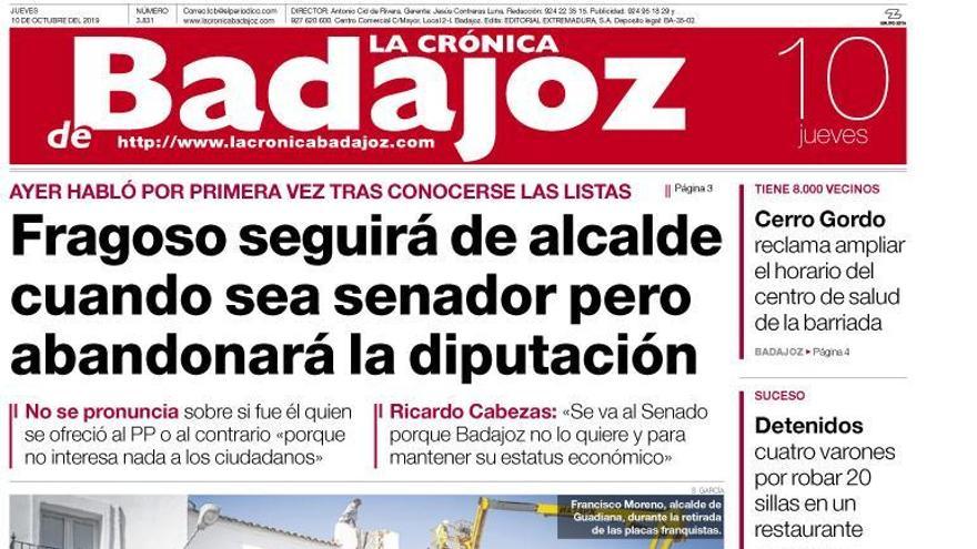 Esta es la portada de LA CRÓNICA DE BADAJOZ correspondiente al día 10 de octubre del 2019