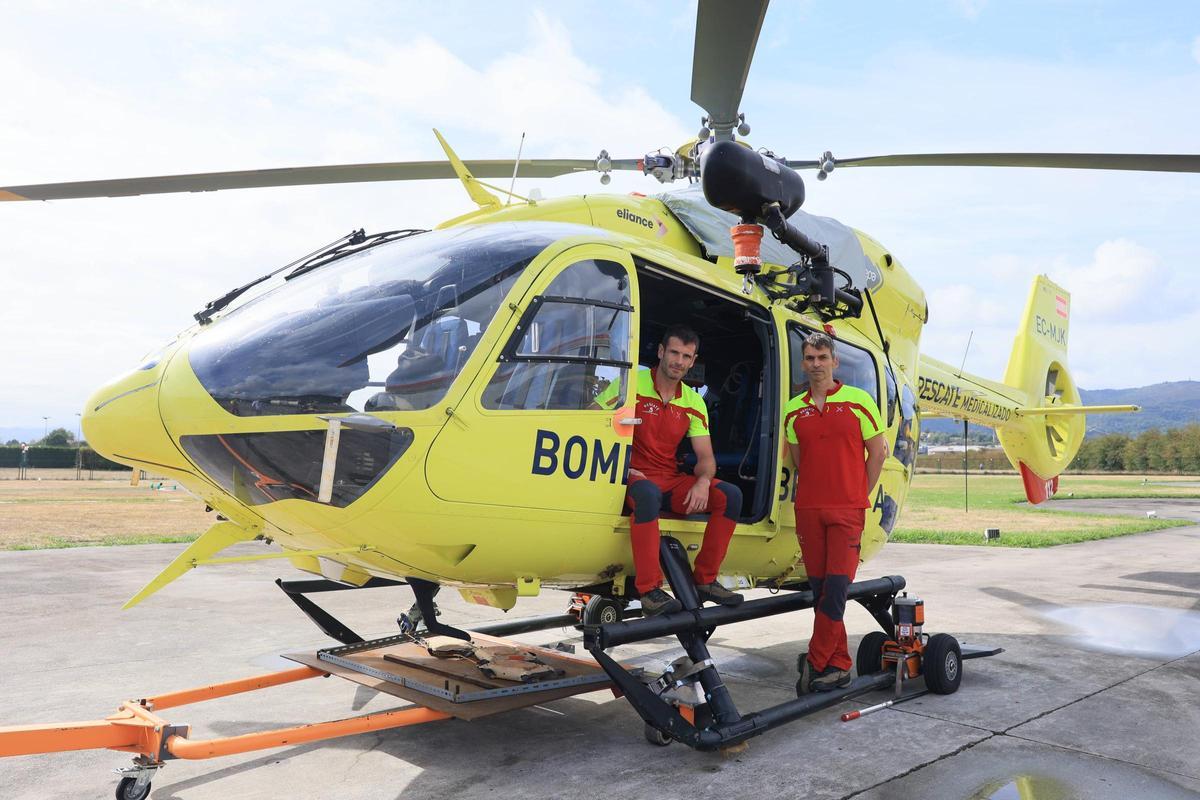 Fernando Calvo y Alejandro Colomina, en el Eurocopter H145T2, en su base de La Morgal (Llanera)