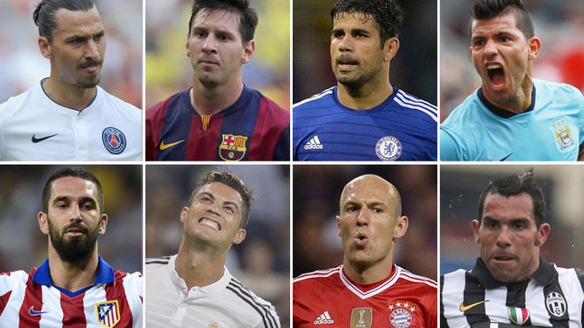 Ibrahimovic, Messi, Diego Costa, Agüero, Turan, Cristiano Ronaldo, Robben y Tévez