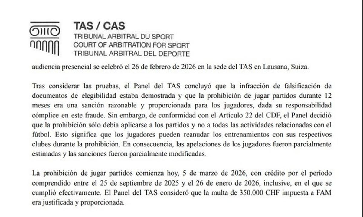 El comunicado del TAS sobre la sanción a la Federación de Malasia.