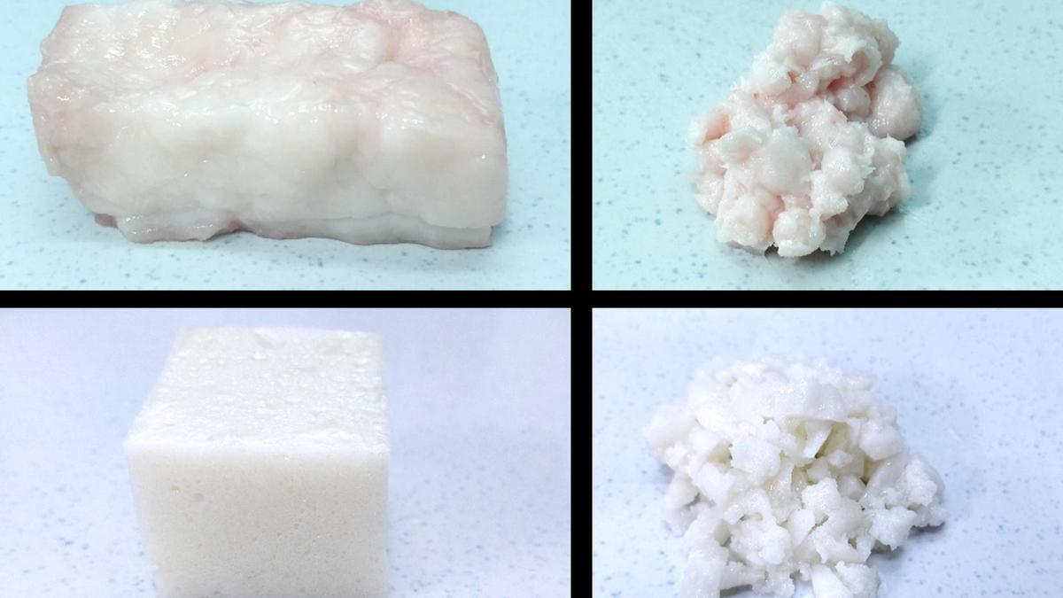 Comparativa de la grasa animal (en las dos imágenes superiores) y el hidrogel con la emulsión de aceite y agua (debajo).