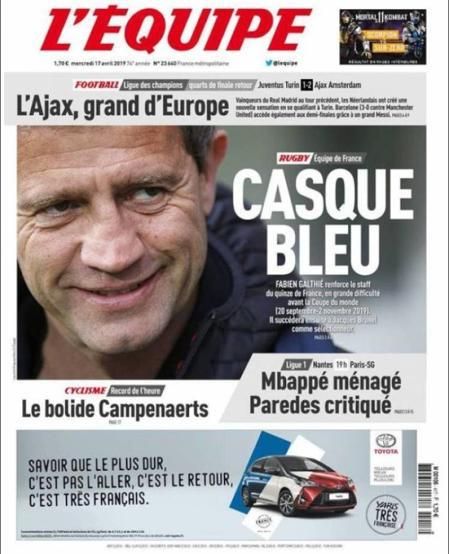 Portada L'ÉQUIPE miércoles 17 de abril de 2019