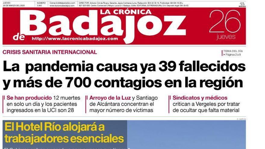 Esta es la portada de LA CRÓNICA DE BADAJOZ correspondiente al día 26 de marzo del 2020