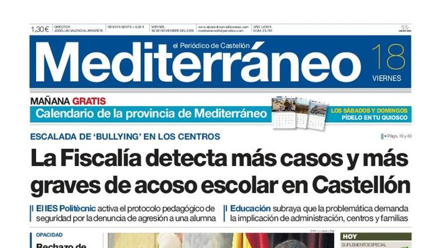 Fiscalía detecta más casos y más graves de acoso escolar en Castellón, en la portada de Mediterráneo