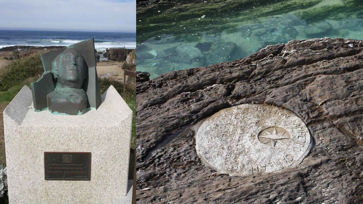 El busto y placa conmemorativa de Ramón Sampedro en la playa de As Furnas